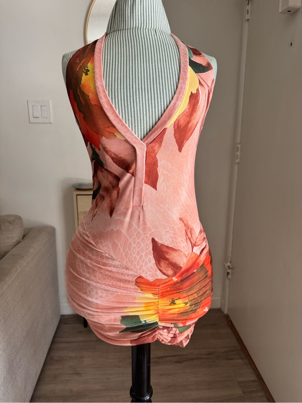 Revolve- AFRM Pink Floral Ruched Halter Mini Dress Size Small